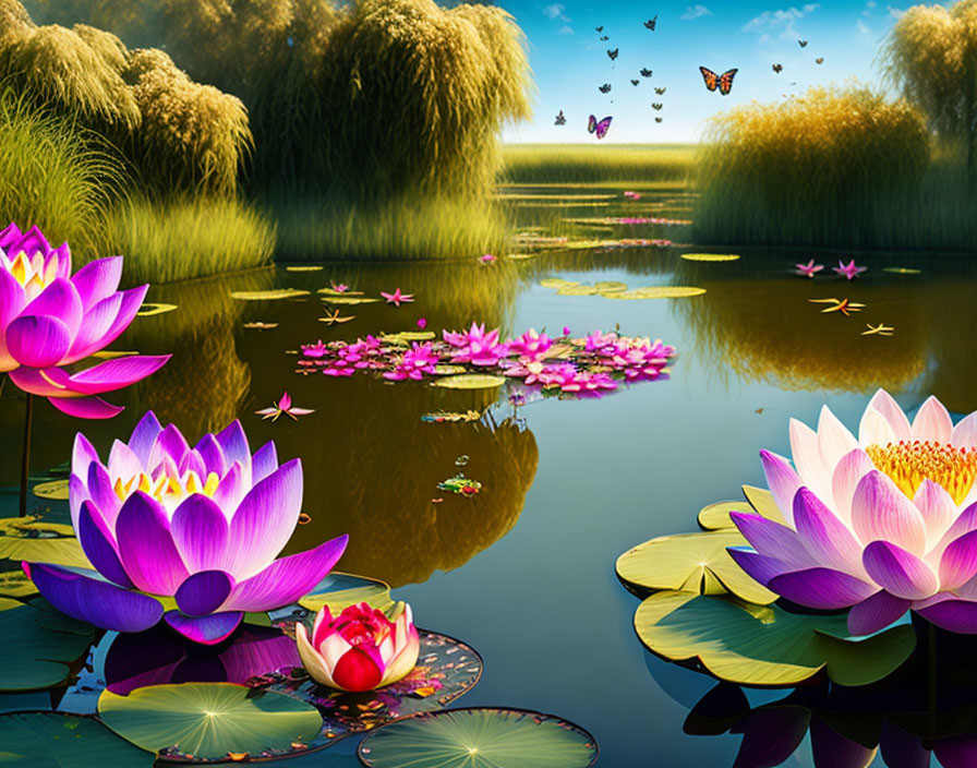 Tranquil pond with vibrant lotus flowers and butterflies amid lush greenery