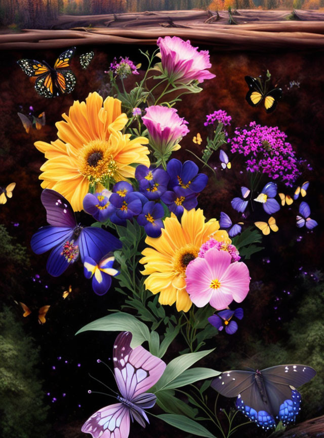 Colorful flowers and butterflies in dark forest setting