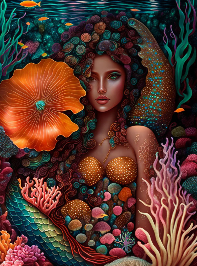 Colorful Mermaid Illustration Among Coral Reefs and Fishes