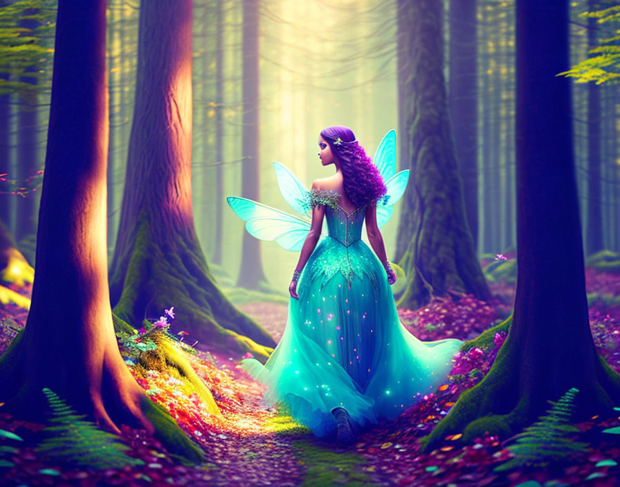 Vibrant fairy with wings in mystical forest landscape