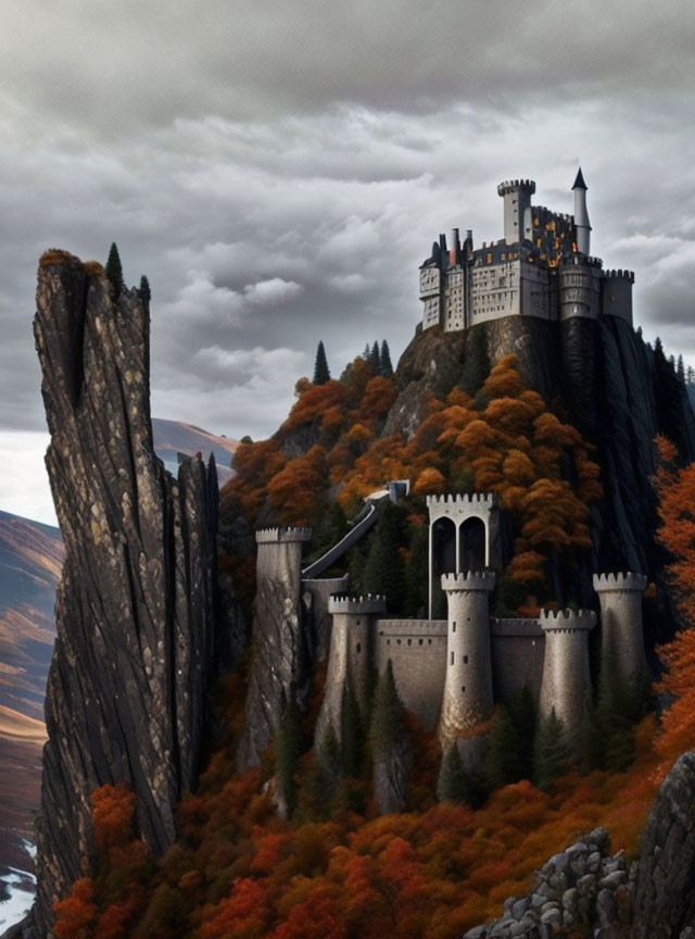 Majestic castle on cliff with autumn trees under cloudy sky