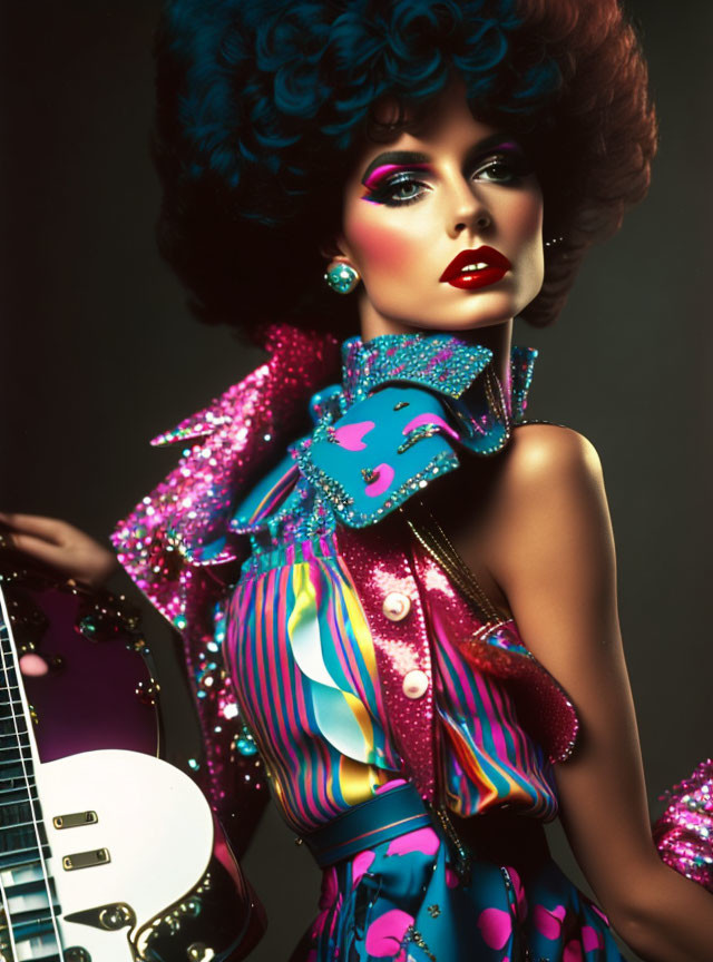 Colorful Woman with Blue Hair and Guitar in Sequined Outfit