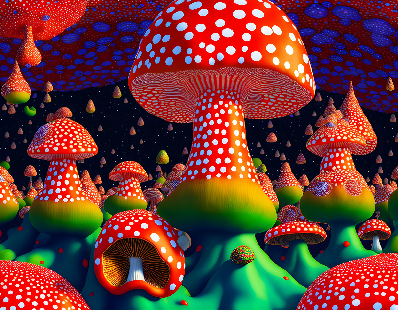 Colorful psychedelic red mushrooms on dark blue background