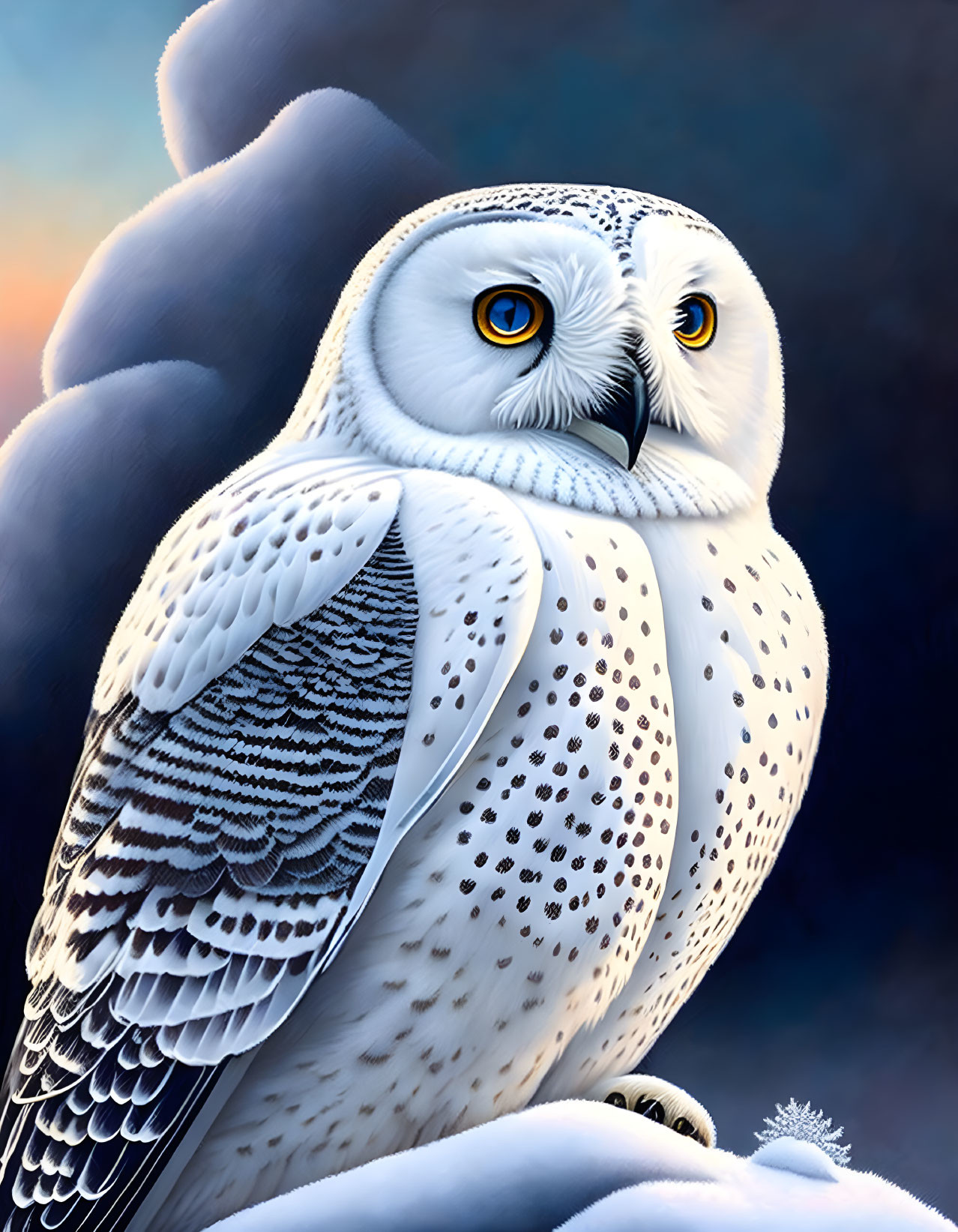 Detailed snowy owl illustration with yellow eyes in twilight sky