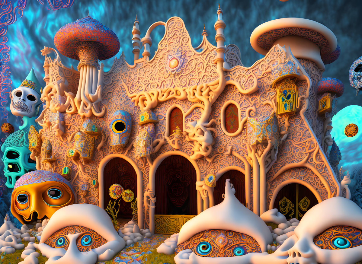 Colorful psychedelic castle with mushroom towers and surreal flora.