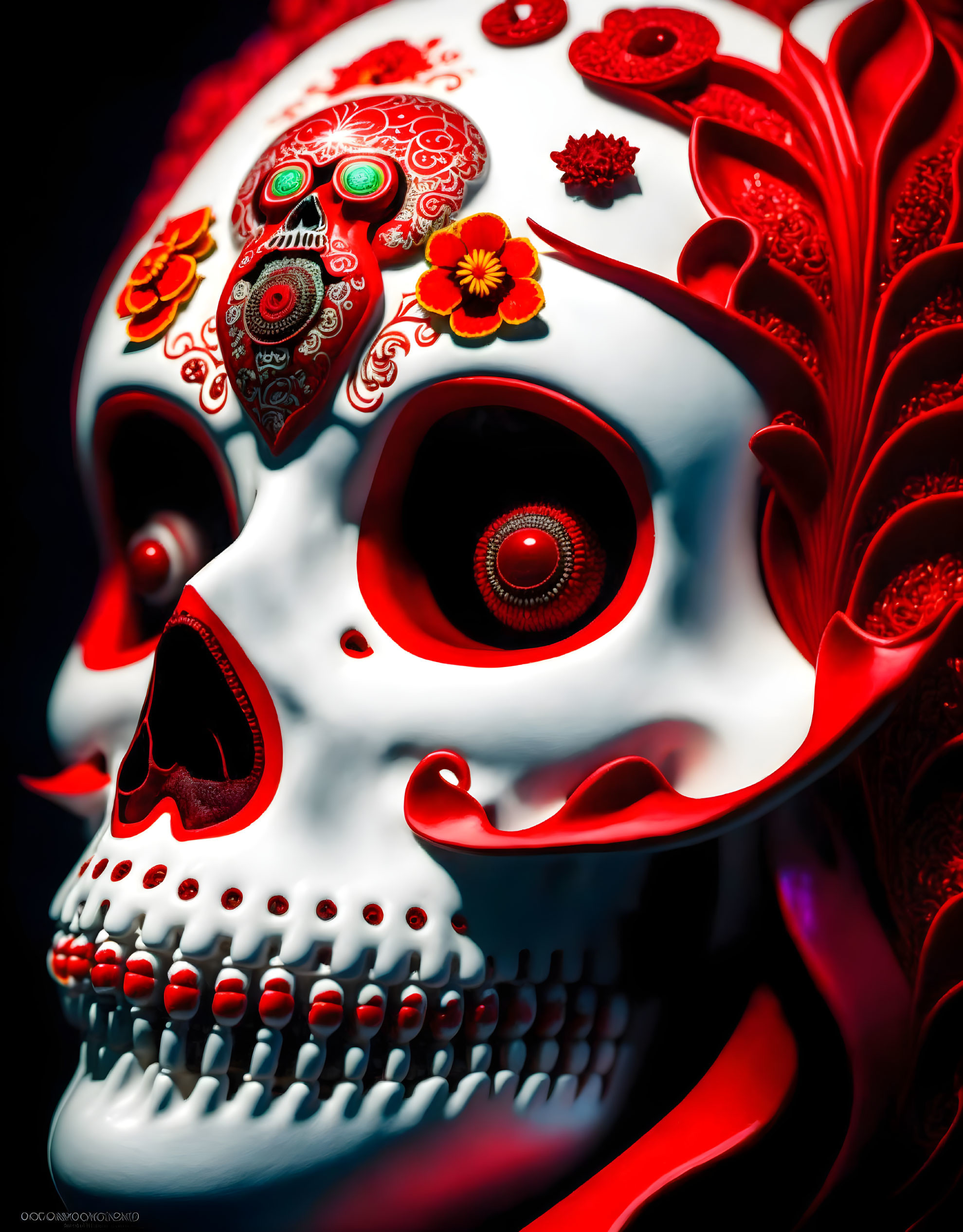 Intricate red and white patterned skull with floral designs and red spiral eye