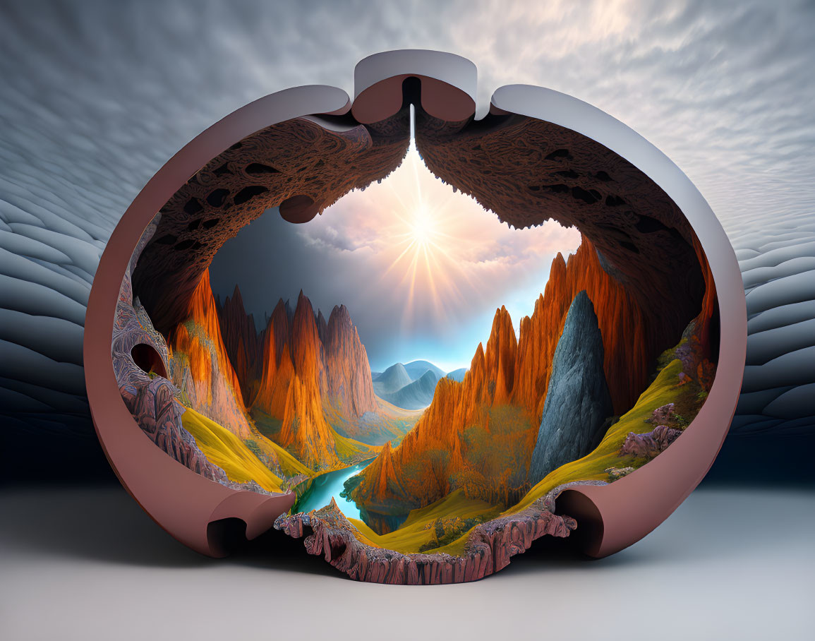 Circular Structure Frames Surreal Landscape with Valley, River, and Rocky Peaks