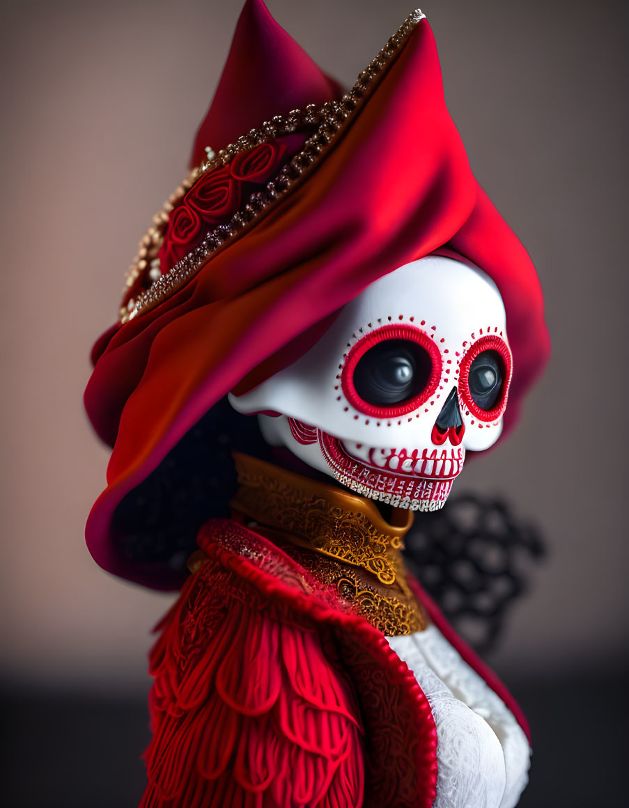 Colorful Day of the Dead skull with red, orange, and purple turban and intricate patterns