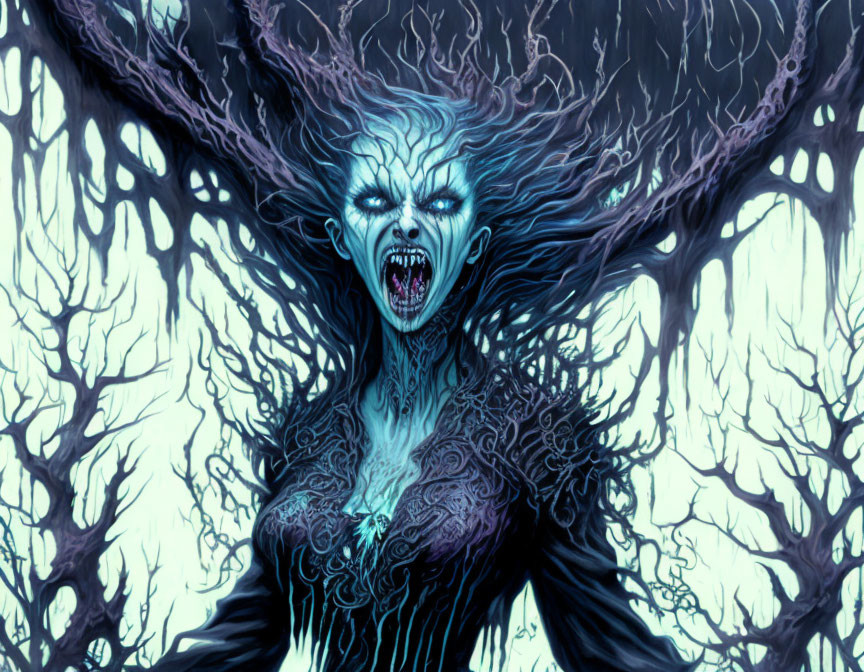 Illustration of monstrous female entity with open fanged mouth in scream against twisted, dark trees