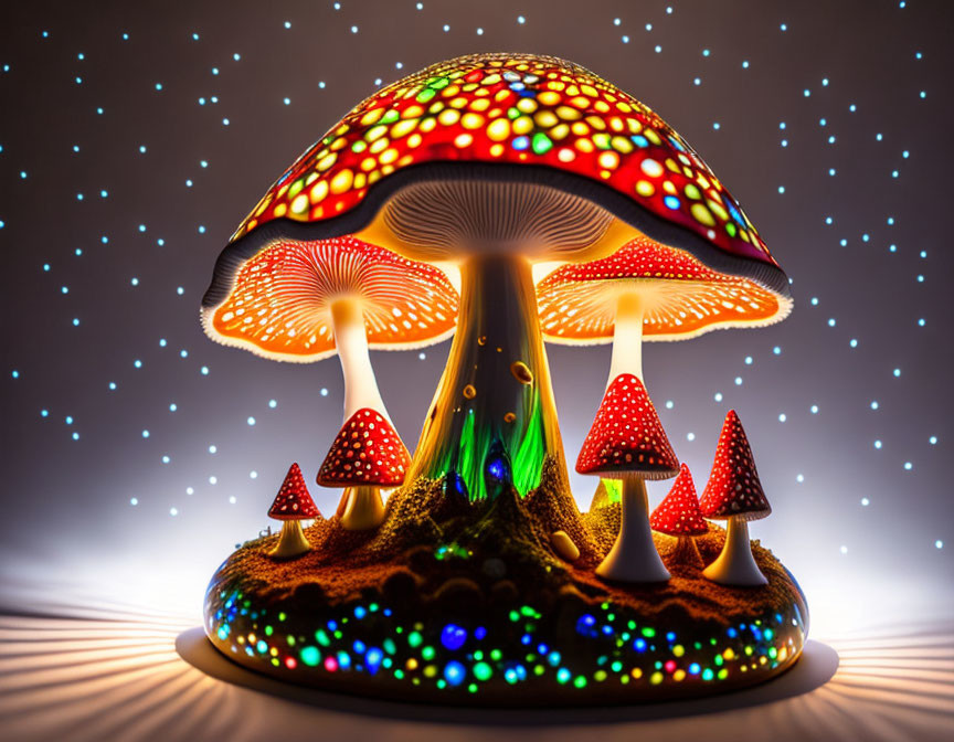 Colorful Fantasy Mushroom Sculpture Against Starry Sky Background