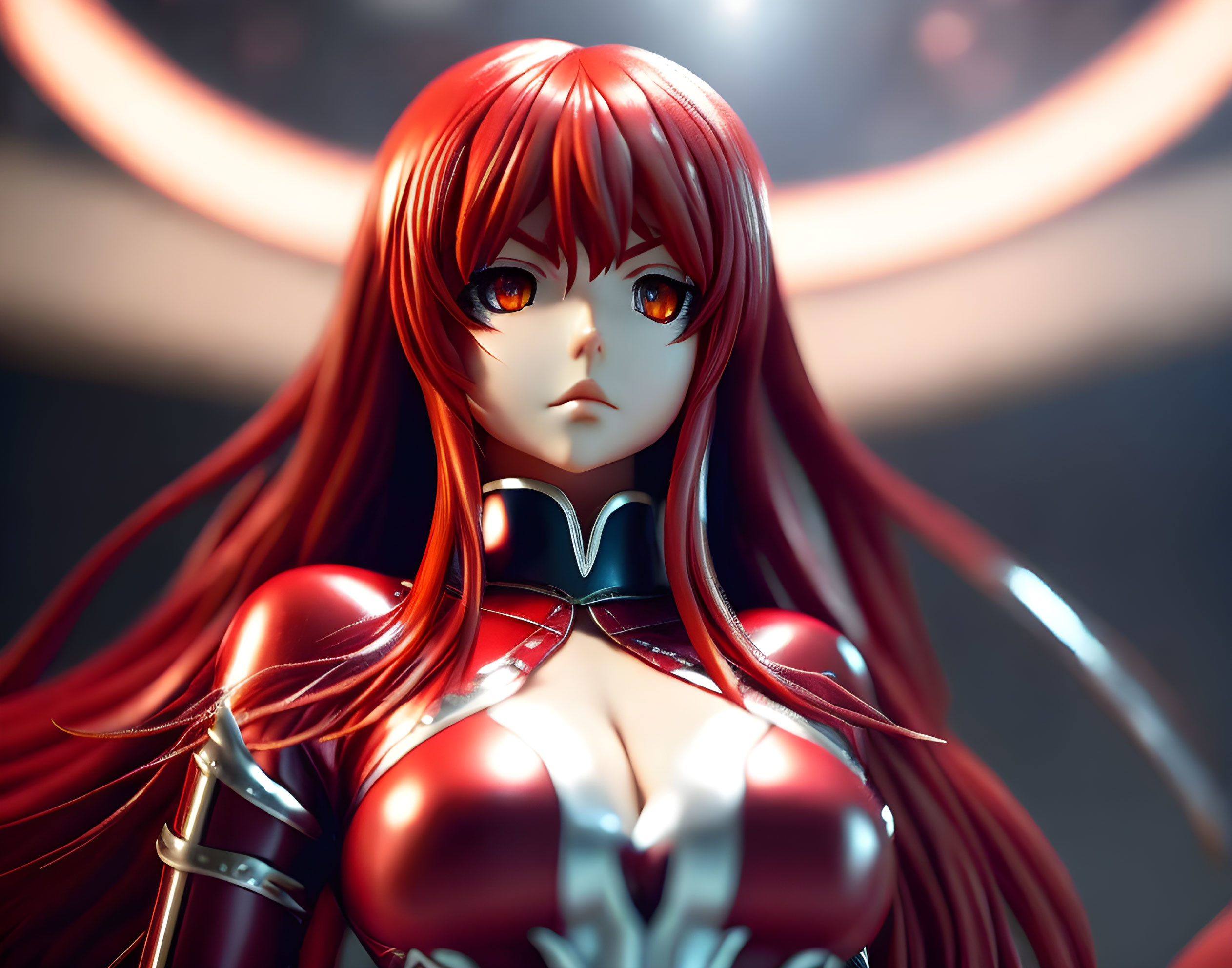 Anime-style red-haired female character in armor with intense amber eyes and dramatic lighting.