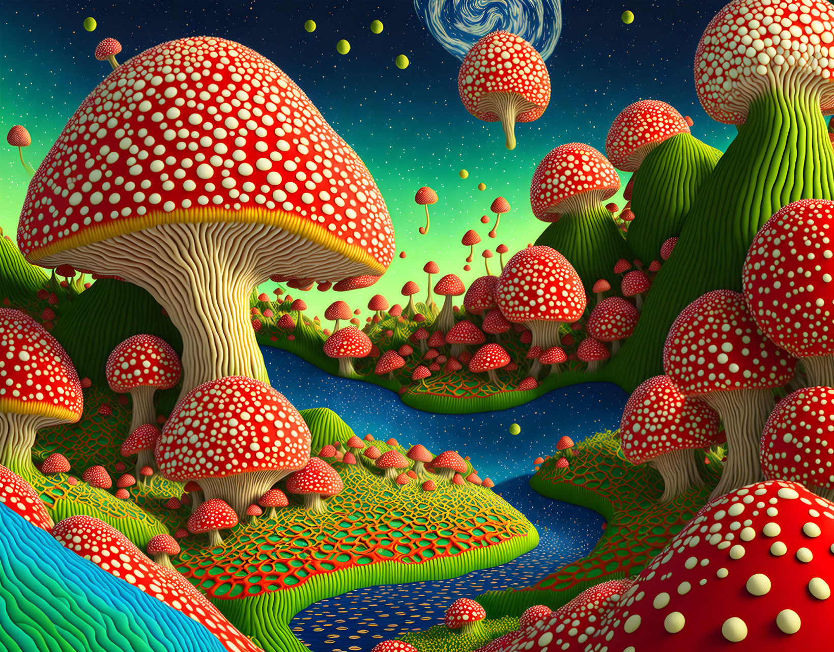 Colorful Psychedelic Landscape with Giant Dotted Mushrooms and Jellyfish Entity