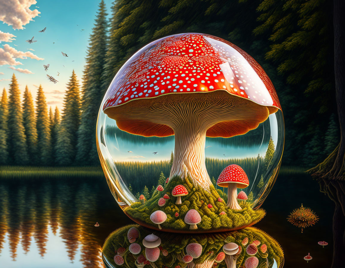 Giant red-capped mushroom in bubble by serene lake