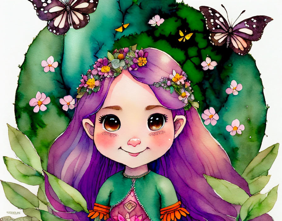 Vibrant illustration of cute girl with purple hair among butterflies