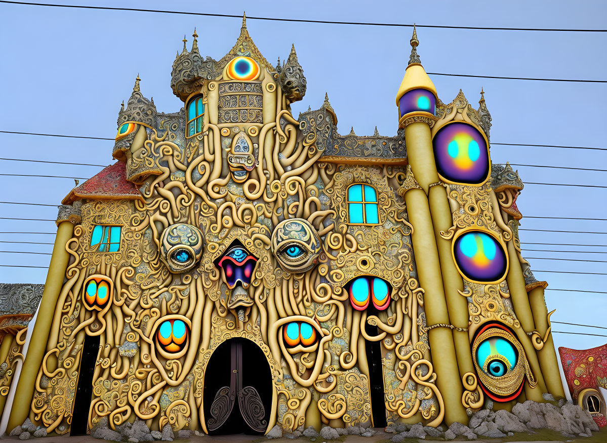 Surreal castle with vibrant colors, multiple eyes, and glowing orbs