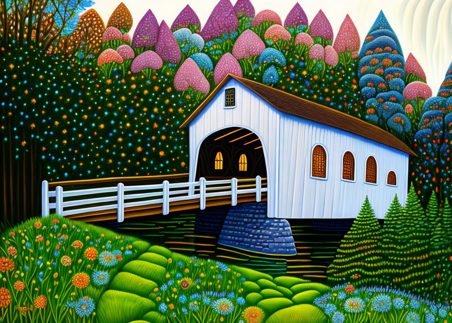 Colorful Painting of Covered Bridge Surrounded by Whimsical Landscape