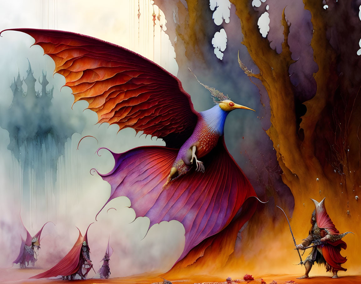 Colorful Fantastical Bird Soaring Over Whimsical Landscape