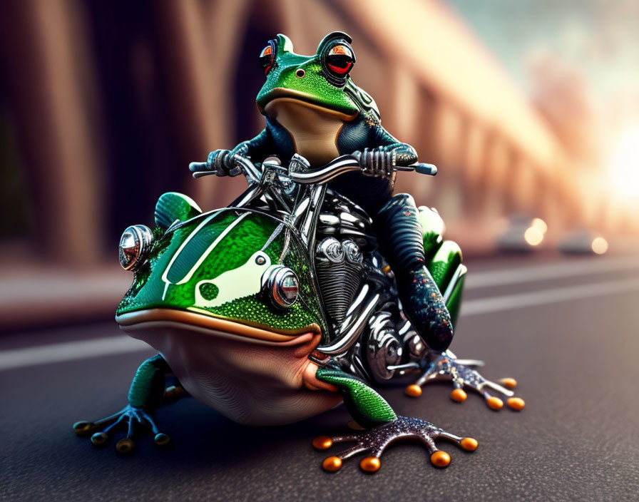 Digital image of frog in helmet and sunglasses riding motorcycle on road