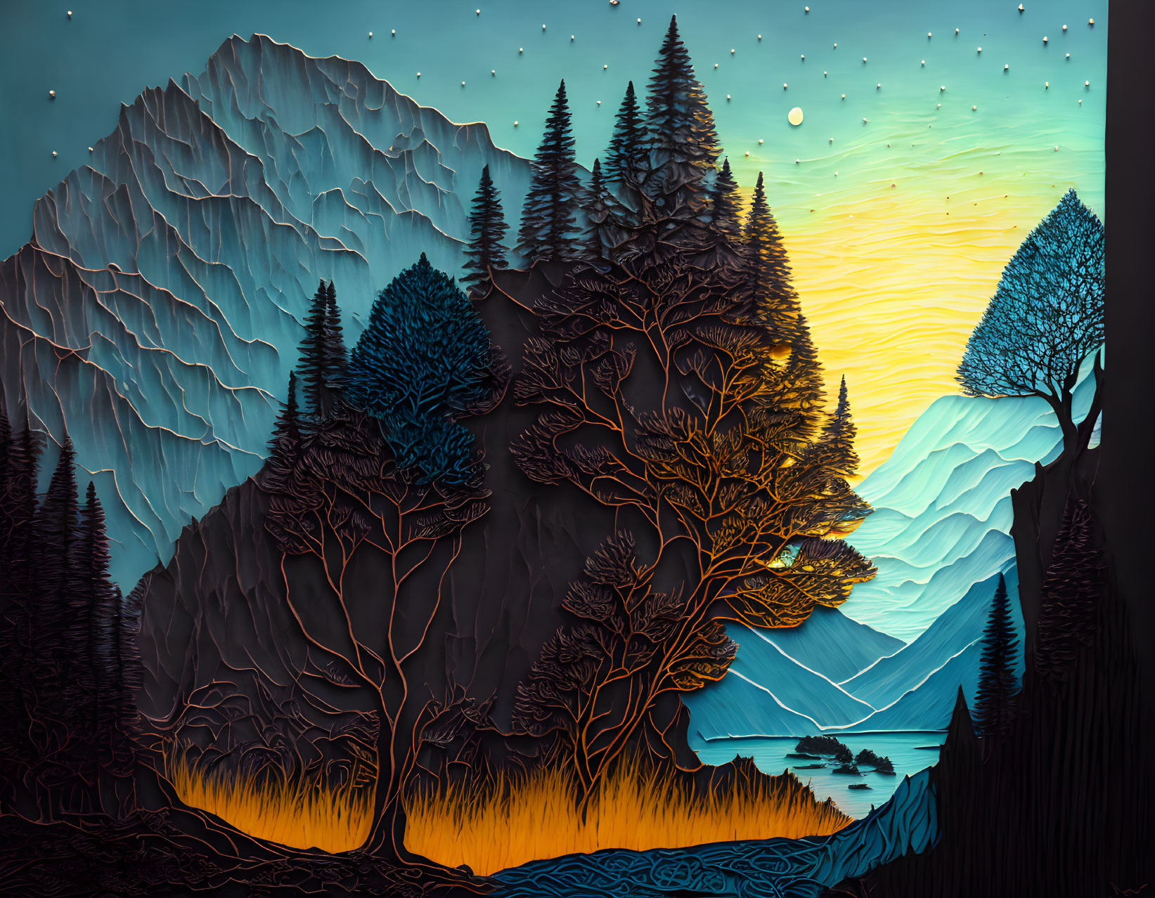 Stylized landscape with layered mountains, sunset, contoured trees, warm & cool tones