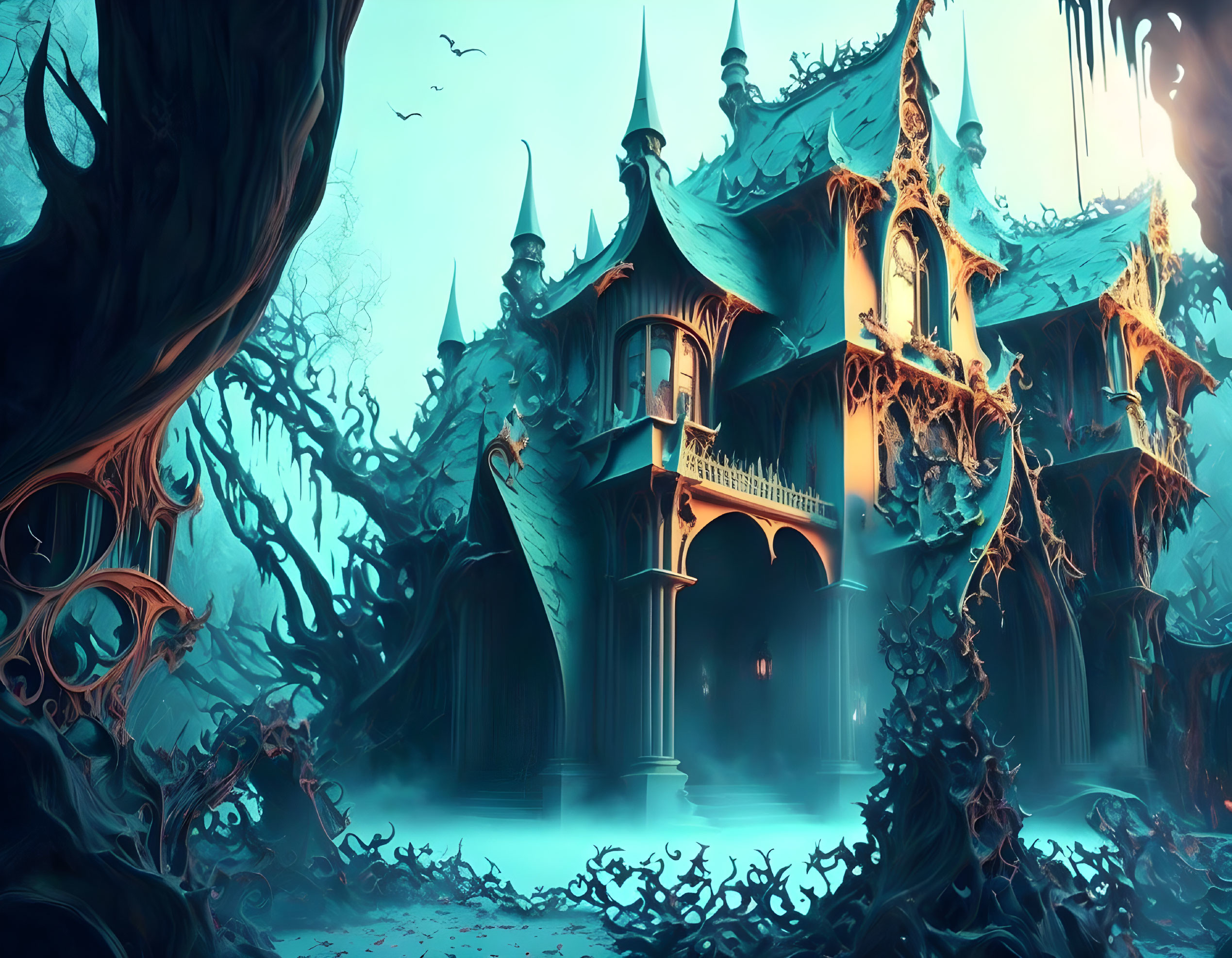 Fantastical eerie mansion in misty blue atmosphere