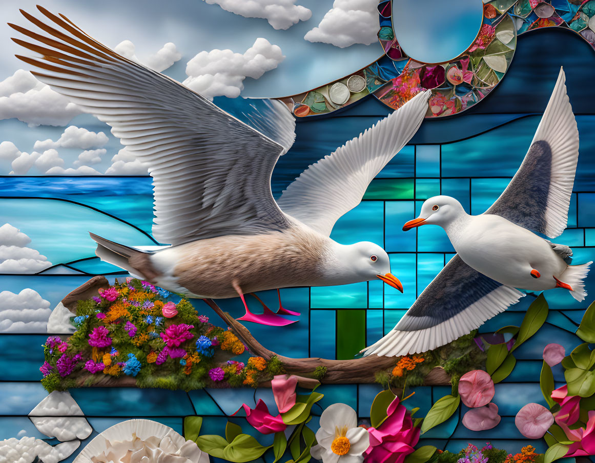 Seagulls flying over branch with vibrant flowers against blue sky and clouds.