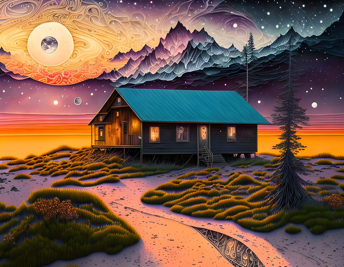 Surreal cabin artwork with stylized mountains and celestial bodies