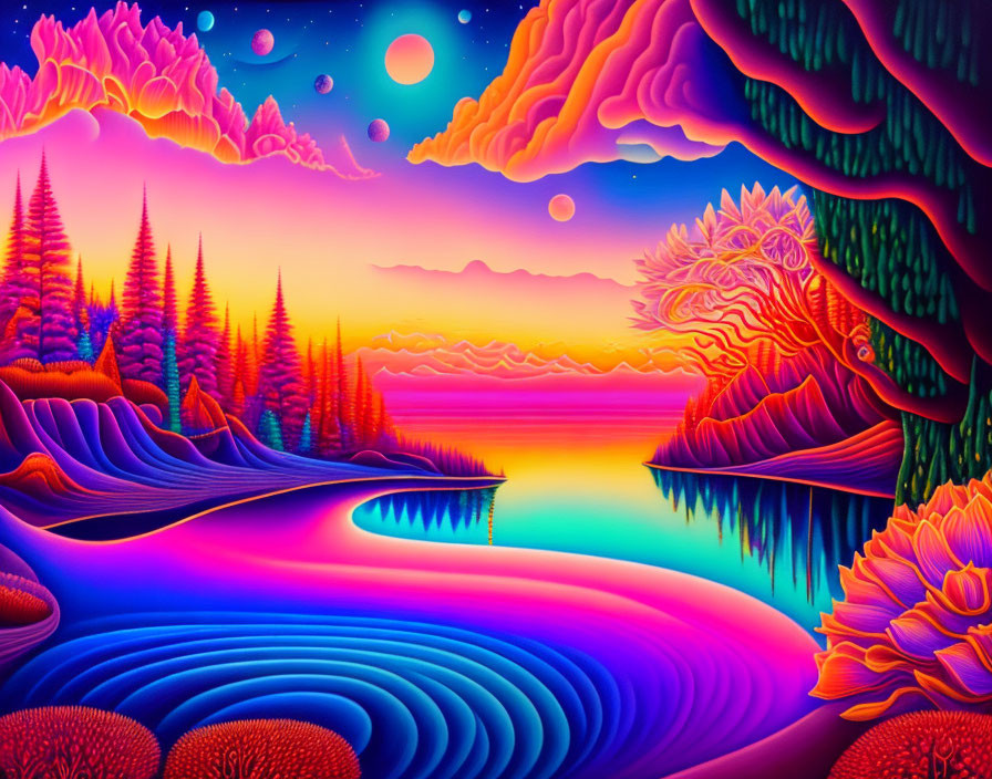 Colorful Surreal Landscape with Planets, Stylized Flora, and Reflective Water