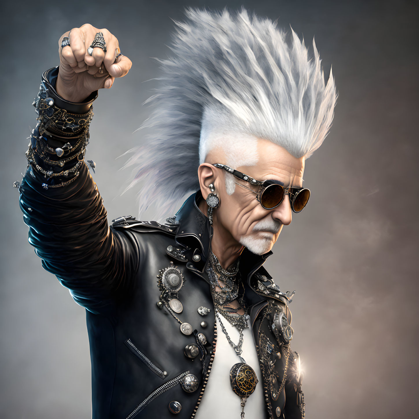 Stylish older man with spiked white hair and aviator sunglasses in black leather jacket with metal studs