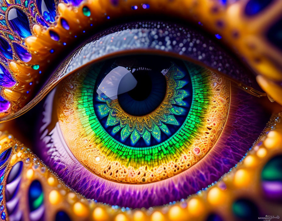 Detailed close-up of vibrant eye iris in green, blue, and gold hues.