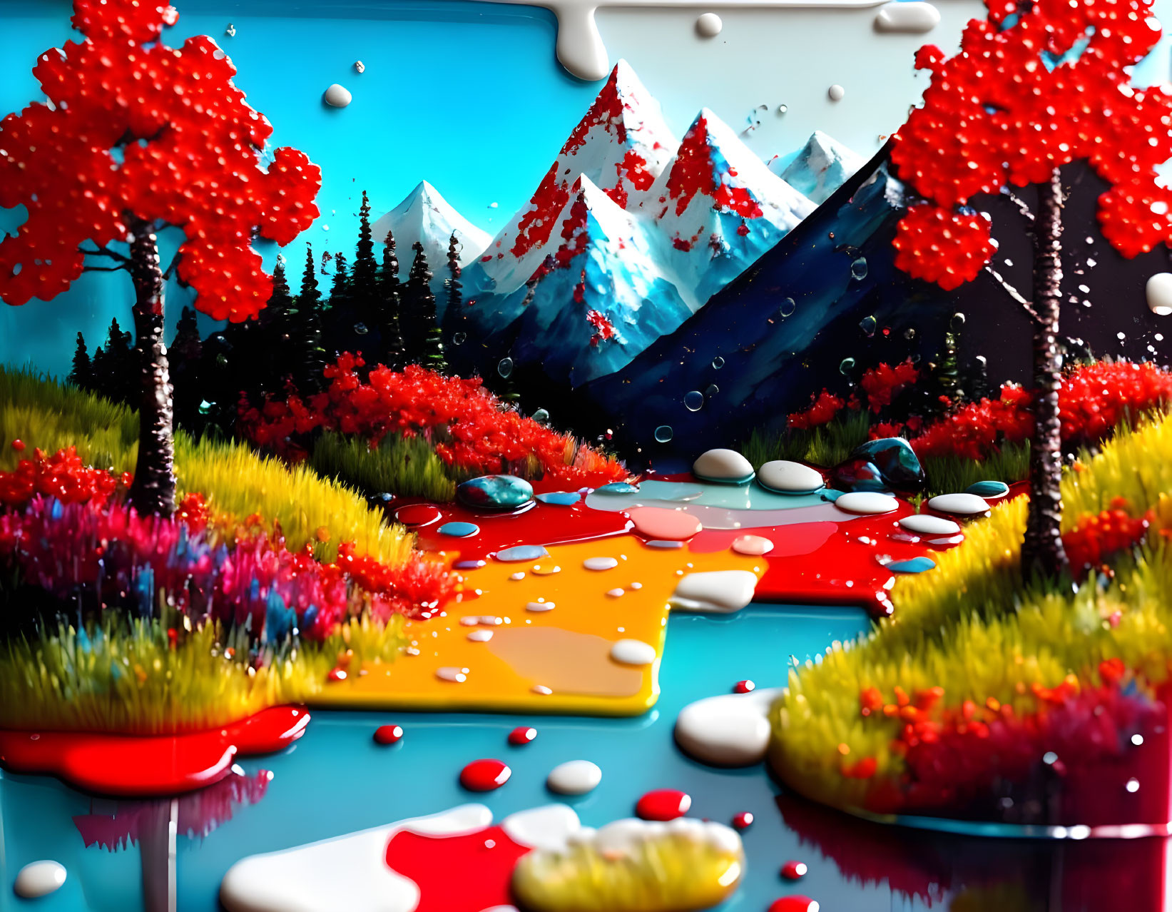 Colorful Trees, Glossy River, Snow-Capped Mountains: Surreal Landscape Scene