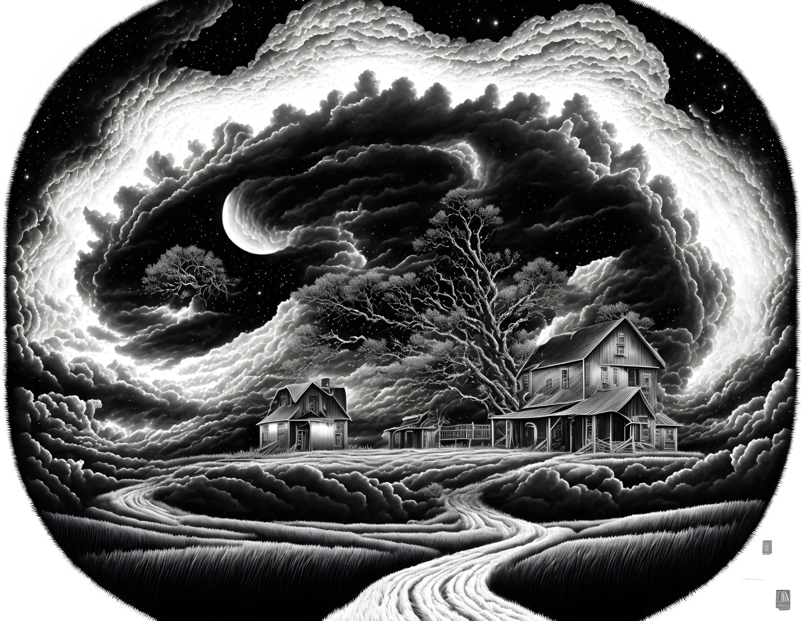 Surreal black and white landscape with houses, swirling clouds, and crescent moon