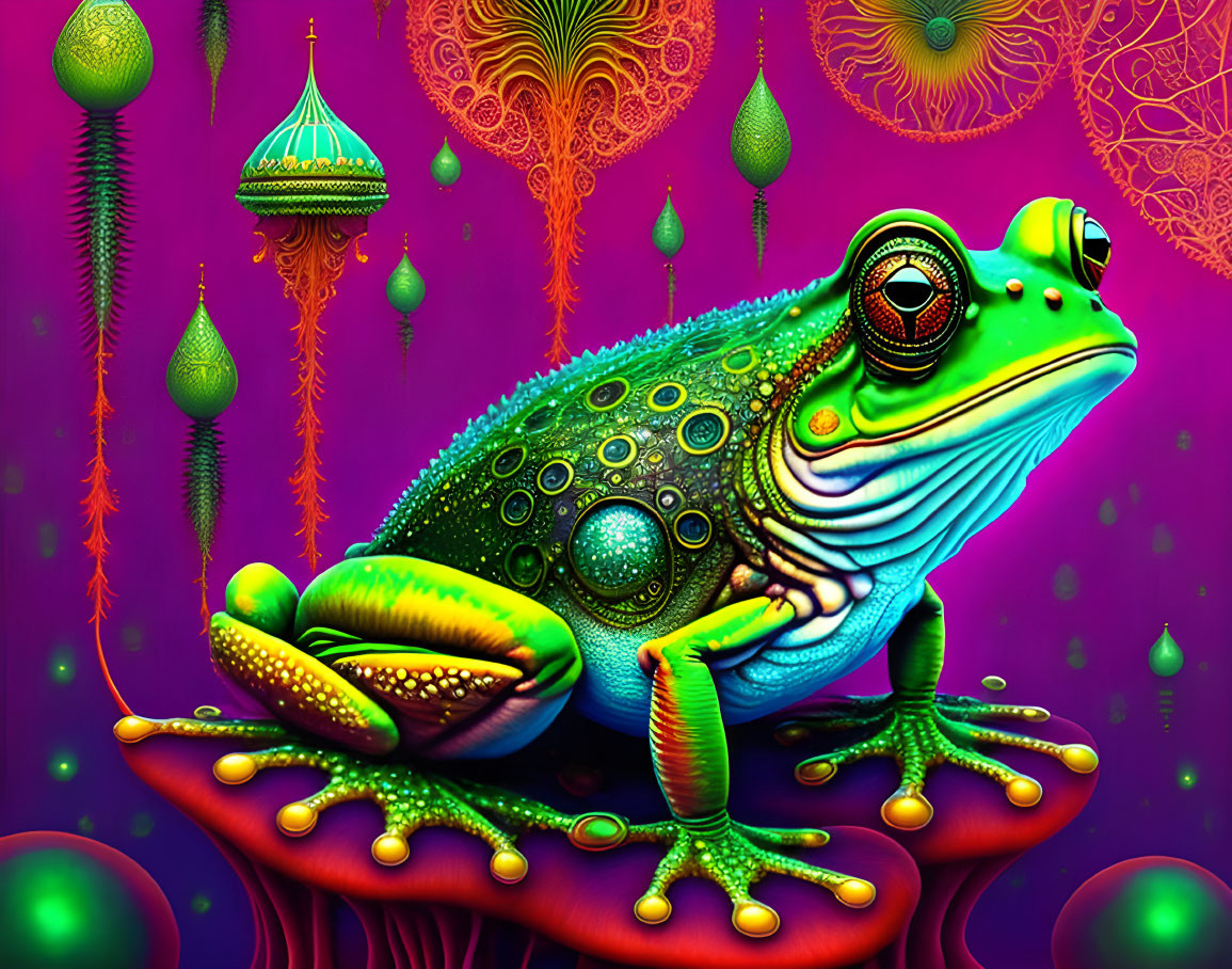 Colorful Frog on Mushroom in Psychedelic Fantasy Scene