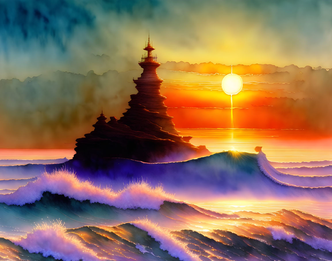 Colorful painting of lighthouse on cliff at sunset by the sea