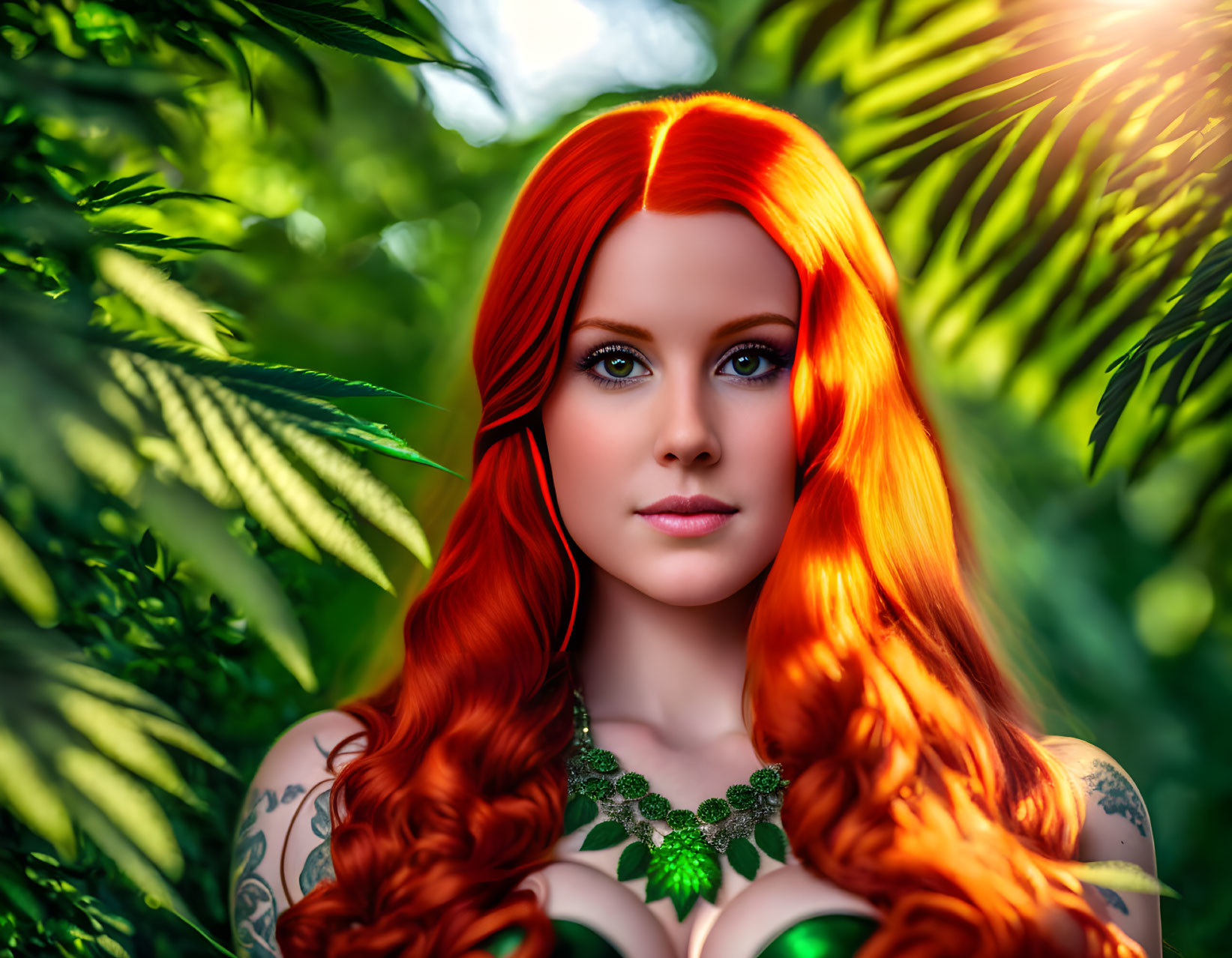 Red-haired woman with green eyes in lush foliage with sunlight.