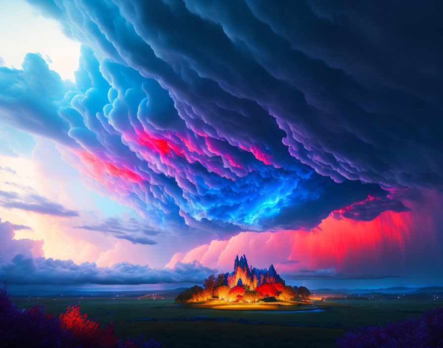 Vibrant multicolored sky with dramatic shelf cloud over lit castle at sunset