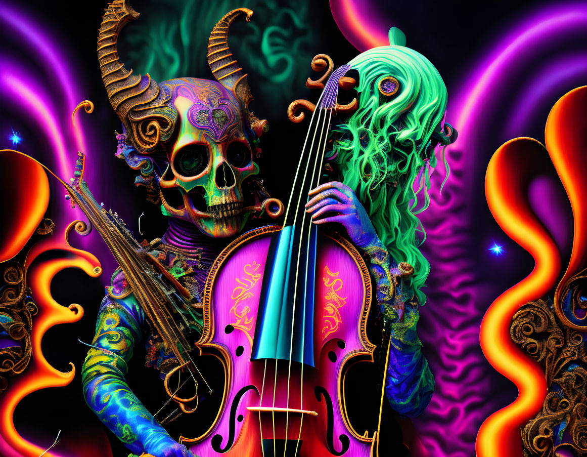 Colorful skeletal figure with horns holding a violin in vibrant digital art