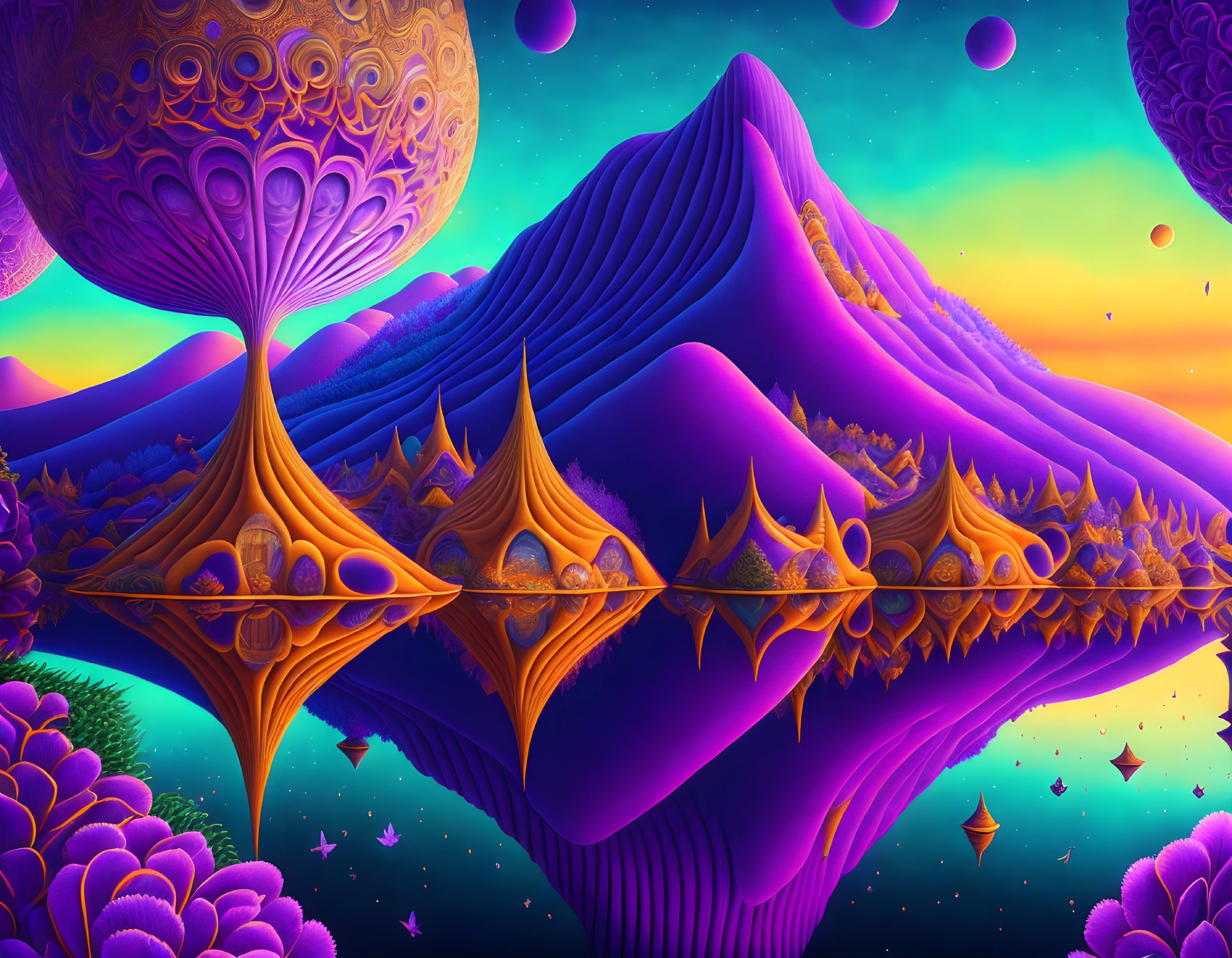 Surreal landscape with purple mountains and golden structures