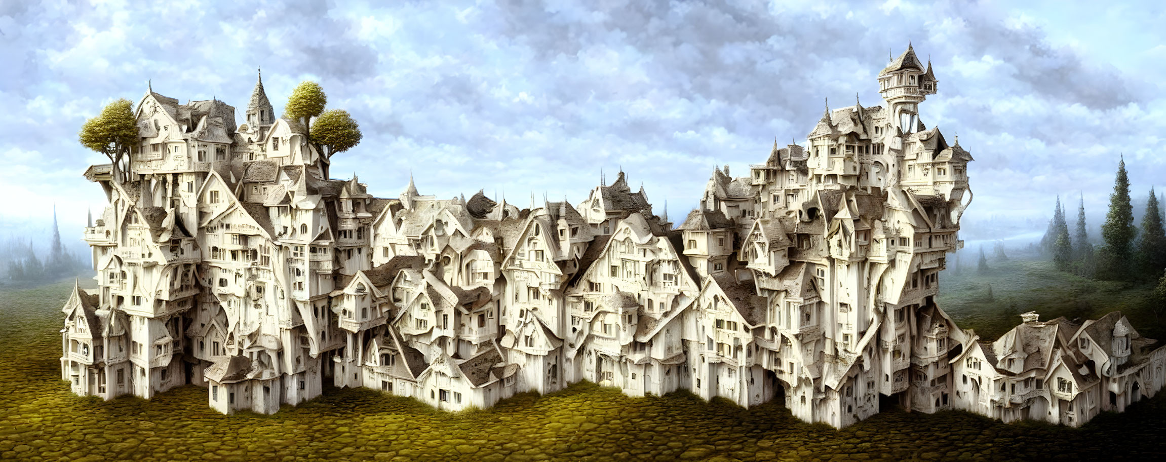 Fantastical castle with multiple towers in misty forest