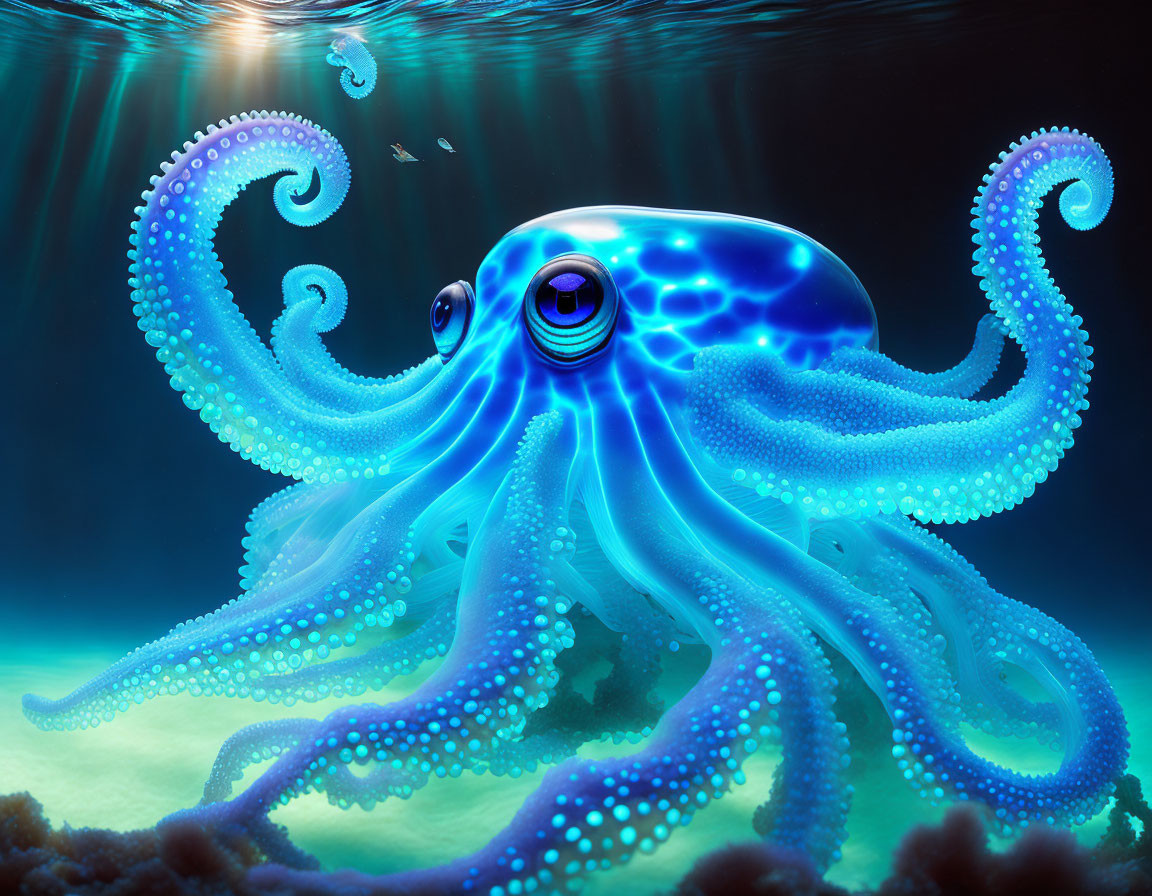 Colorful Digital Illustration: Blue Octopus with Glowing Tentacles Swimming Underwater