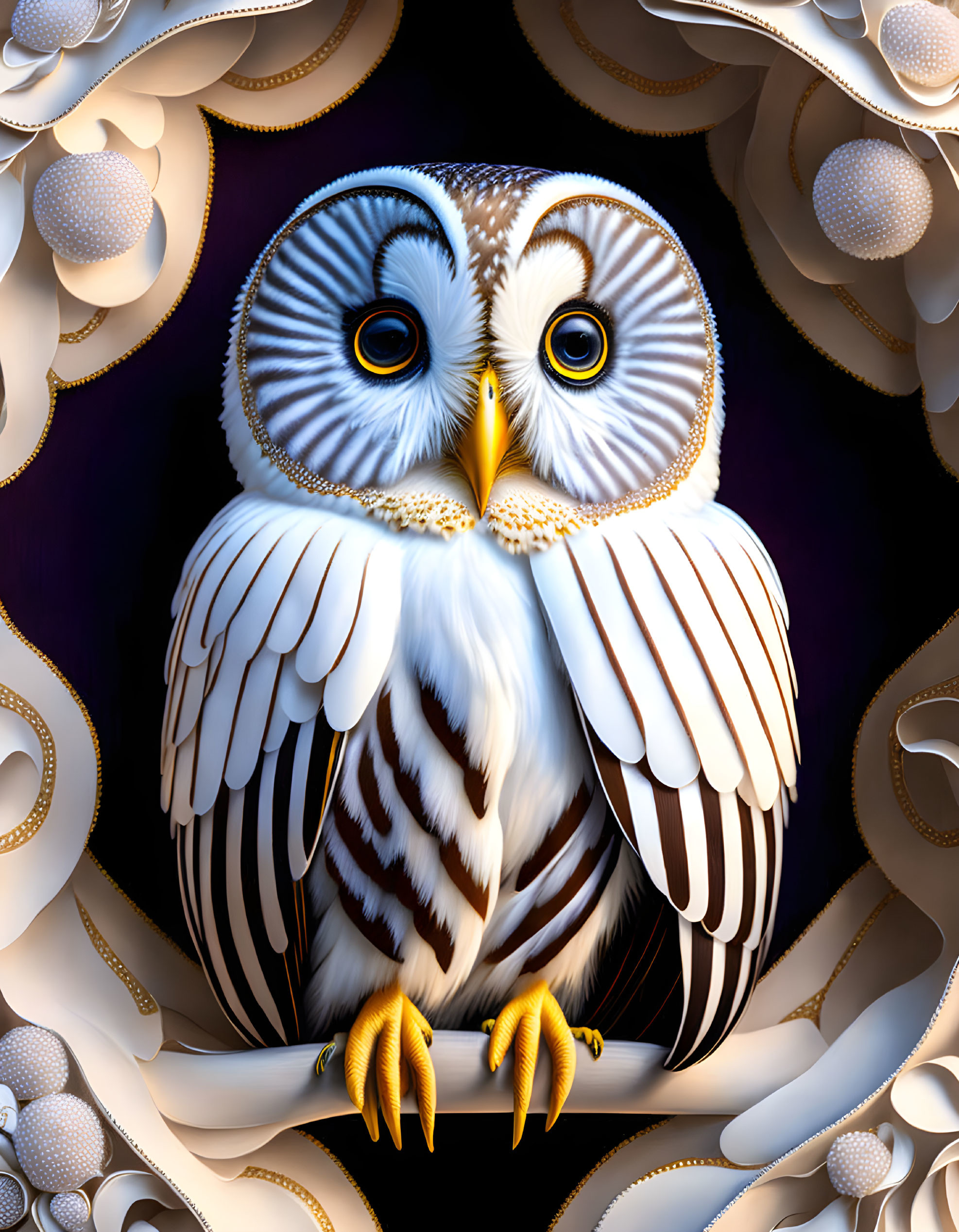 Detailed owl illustration with white and brown feathers, captivating eyes, and yellow claws on a purple backdrop