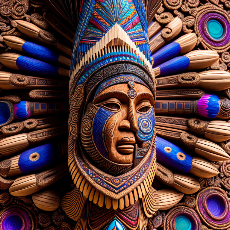 Colorful Textured Mythical Figure Sculpture with Headdress