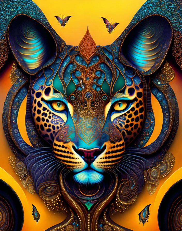 Symmetrical ornate leopard's head with butterflies on orange background