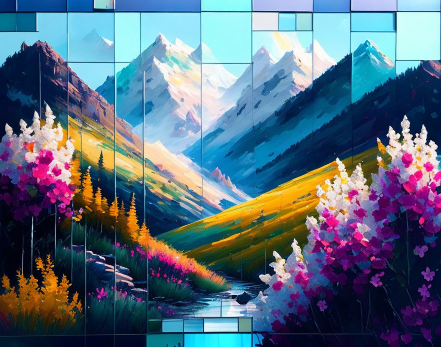 Vibrant digital artwork: Colorful mountain landscape with grid pattern