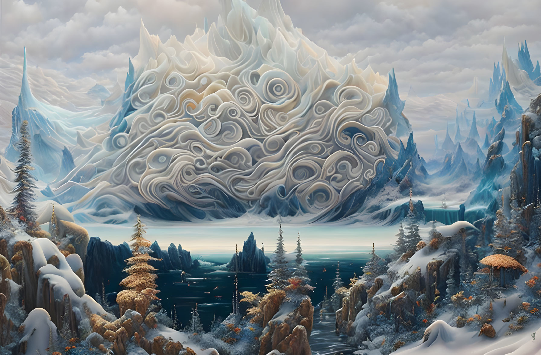 Surreal landscape with swirling clouds, tranquil sea, icy mountains, and coniferous forests