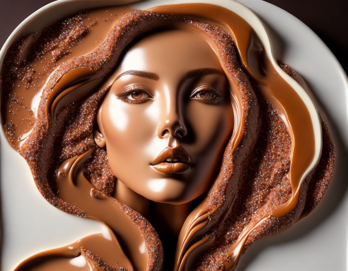 Woman's portrait with hair and features blended in liquid chocolate