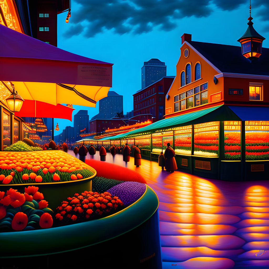 Colorful Night Market with Flower and Fruit Stalls Under Glowing Lights