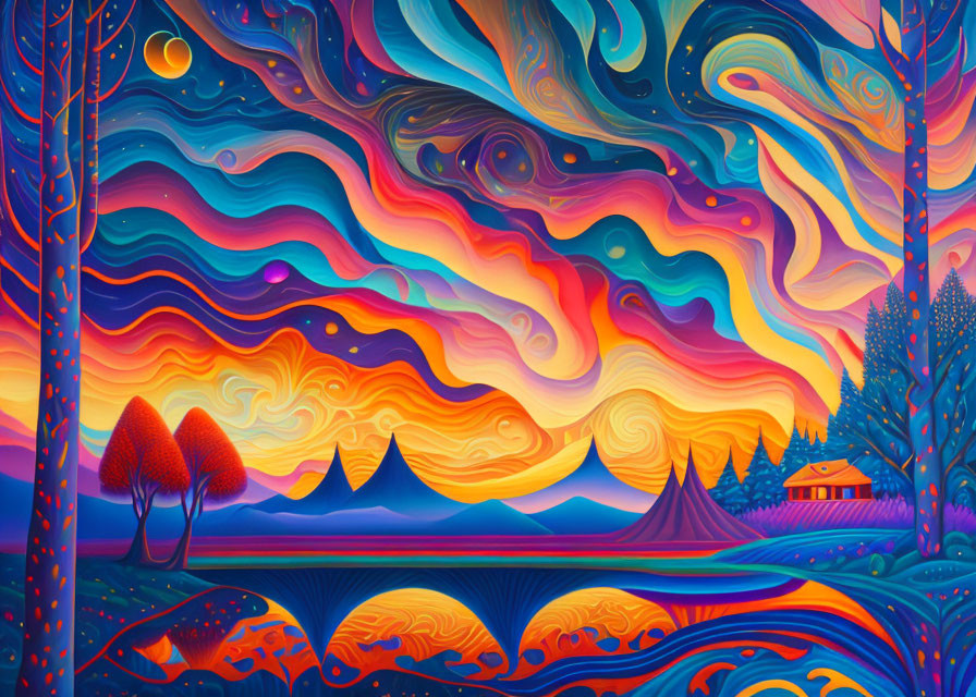 Colorful surreal landscape with swirling skies, undulating hills, small house, trees, and crescent