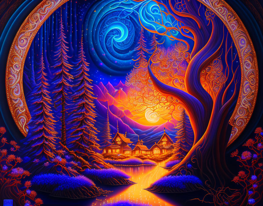 Surreal landscape with swirling skies, whimsical trees, glowing river