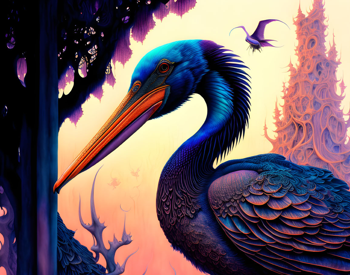 Colorful Heron Illustration in Fantasy Forest Setting