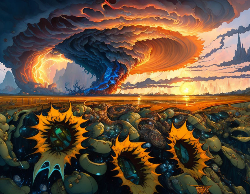 Fantasy landscape with fiery clouds, yellow-eyed creatures, sunset, and castle